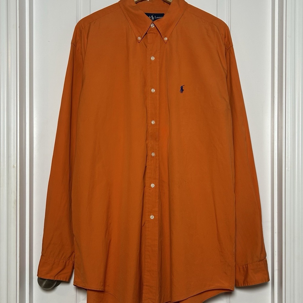 Ralph Lauren 100% Cotton Orange Classic Fit Long Sleeve Logo Button Up Shirt